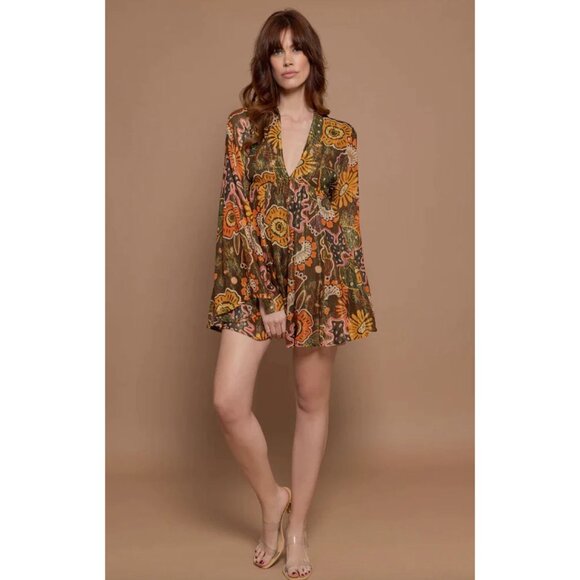 NWOT Sundress REVOLVE Maud Brown Mini Dress Retro Floral Flare Sleeve XS Tall - Picture 5 of 15